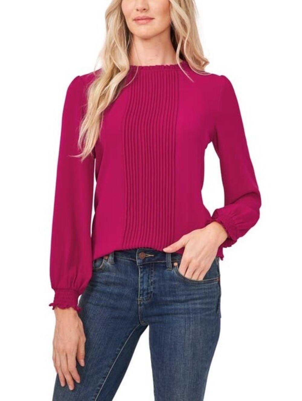 CeCe Pintucked Smocked Cuff Chiffon Top in Plumeria, Size X-Small